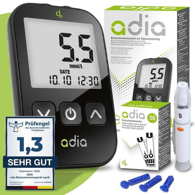 adia blood glucose meter (mmol) with 60 blood glucose test strips, 10 lancets, 1 lancing device, 1 case, value set for blood glucose self-monitoring in diabetes