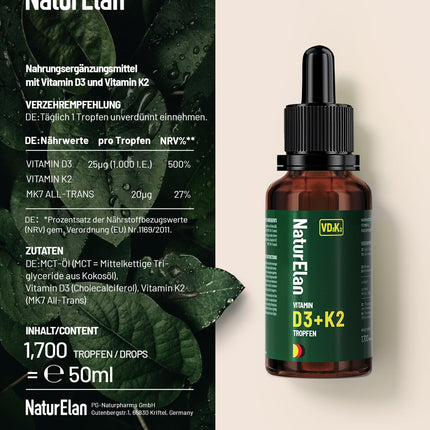 Vitamin D3 K2 high-dose drops - 50ml, 1000 IU vitamin D3 per drop, vegetarian, without additives, produced in Germany