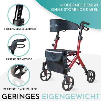 Mobility Plus+ Design Rollator DR10+ Red - Indoor &amp; Outdoor, slim &amp; foldable - Height-adjustable walking aid for seniors with back strap &amp; bag - Internal brake cables without annoying cables