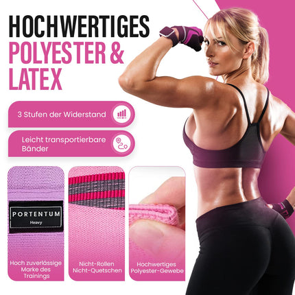 PORTENTUM Resistance Bands, Fitness Bands Set, Yoga Strap in 3 Tensile Strengths, Training Band, Yoga Band AS Resistance and Support for Leg Training, Video with Included Exercises, Pink, Green, Purple