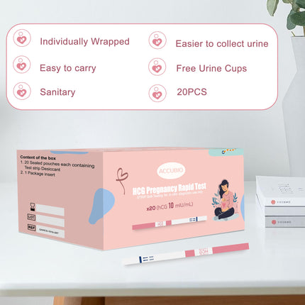 Pregnancy test strips, hCG pregnancy test for home use for early detection, over 99% accurate, 20 pieces individually wrapped with urine cups, pregnancy tests 5mm wide, 10mIU/mL