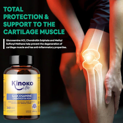 Kinoko life Glucosamine and Chondroitin – 240 capsules with MSM, marine collagen, hyaluronic acid, turmeric, black pepper, ginger, boswellia, and quercetin. For joints, cartilage, and bones.