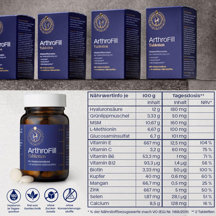 Arthro Fill Tablets - Hyaluronic acid nutrient complex to support active movement functions - 15 vital and micronutrients - 100% doping-free