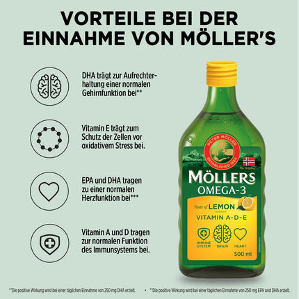 Möller's Omega 3 Cod Liver Oil | Nordic Omega 3 supplement with EPA, DHA, vitamins A, D, and E | Superior Taste Award | Highly pure natural | 165-year-old brand | Lemon | 500 ml