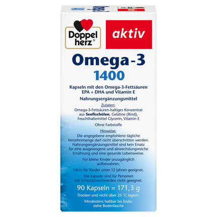 Doppelherz Omega-3 1400 mg - High-dose Omega-3 concentrate plus Vitamin E - High content of Omega-3 fatty acids EPA &amp; DHA - 90 Capsules
