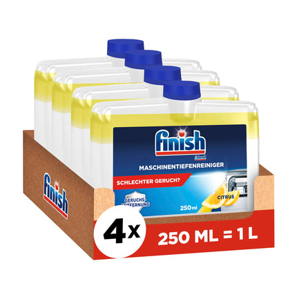 Finish Machine Deep Cleaner Citrus – Liquid machine cleaner against limescale and grease for a clean dishwasher – Value pack with 4 x 250 ml machine cleaner with lemon scent