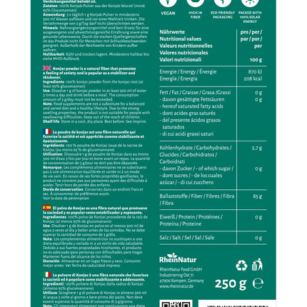 RheinNatur Konjac Powder 250 g - Glucomannan from the konjac root - Natural fiber, promotes satiety - Konjac flour as a binding agent and stabilizer