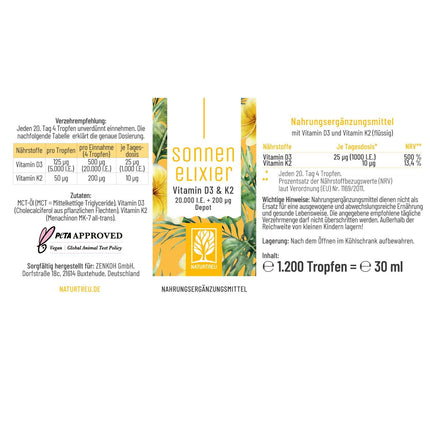 NATURTREU® Vitamin D3 K2 Drops high-dose &amp; vegan - 20,000 IU Vitamin D3 + Vitamin K2 MK7 200 mcg per dose (depot)