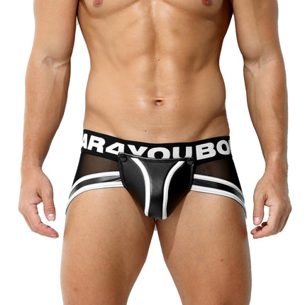 Bodywear4you Men's Leather Fetish Briefs Mesh Latex Look Codpiece with Zipper Men's Masculine Pant (DE/NL/SE/PL, Alphanumeric, S, Regular, Regular, White)