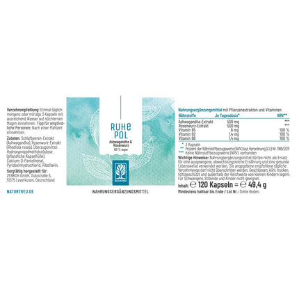 NATURTREU® Ruhepol - Ashwagandha Capsules High Dosage - 120 Vegan Capsules - 500 mg Ashwagandha per day - Ashwagandha Complex with Rhodiola Rosea Extract - No unwanted additives - Laboratory tested