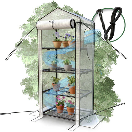 Heimfleiss® 4-level plastic greenhouse | Small balcony greenhouse | Storm- and winter-proof garden propagator | Plant tent made of plastic and metal frame | Propagation shelf for balcony greenhouse