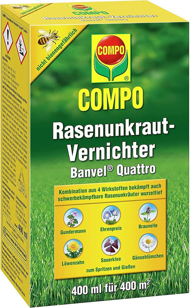 COMPO Lawn Weed Killer Banvel Quattro, Control of difficult-to-control weeds in lawns, concentrate, 400 ml (400 m²)