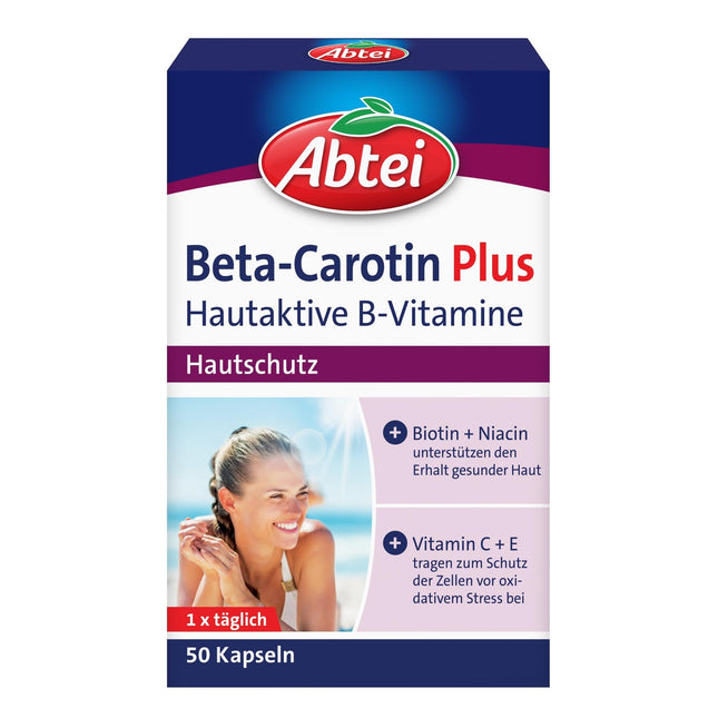 Abtei Beta-Carotene Plus - For skin protection - With skin-active B vitamins - Gluten-free, lactose-free - 50 capsules