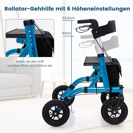 FANTASK 2-in-1 Rollator with pneumatic tires and seat up to 160 kg, foldable and lightweight aluminum with bag and cane holder, walking aid with 6-way height adjustment, wheelchair and travel rollator (blue)
