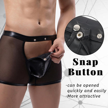 comeondear Leather Boxer Shorts Men's Large Size Sex Sexy Underwear for Men Erotic Transparent Underpants with Bulge Sissy Gay Lingerie Open G-string Briefs Wetlook Lingerie (Black, L)