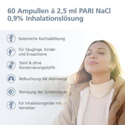 PARI saline solution for inhalation for children and adults – 60 ampoules of 2.5ml NaCl 0.9 inhalation solution – sterile and without preservatives