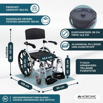 Mobiclinic®, Commode Wheelchair, Height Adjustable, Self-Propelled, Calígula, Folding Footrest and Armrests, With Removable Bowl, Wheel Brake, Aluminum