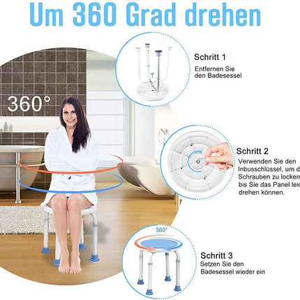 UISEBRT 360° Rotating Shower Stool Height Adjustable Shower Chair Bath Stool Shower Aid Bath Stool Anti-Slip with Suction Cup Grab Bar Bathtub Handle (Chair+Grab Bar)