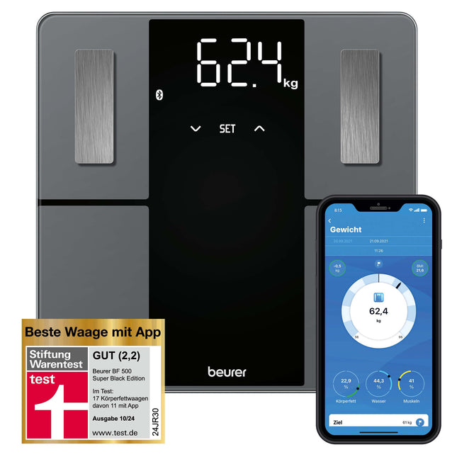 Beurer BF 500 diagnostic scale with Bluetooth and app, digital body fat scale with 180 kg load capacity, analytical scale for measuring body fat, muscle percentage, calorie needs, etc., XL display