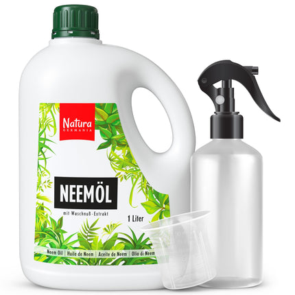 Natura Germania® Neem oil 1000ml with soap nut extract with spray bottle and measuring cup - Makes 100 liters of ready-to-spray solution - Neem spray for natural plant care for houseplants/garden plants