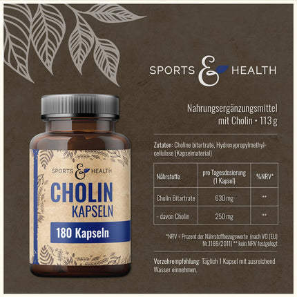 Choline Capsules - High Dose Choline Capsules - 180 High Dose Choline Capsules - Pure Choline Powder in Capsules - Choline
