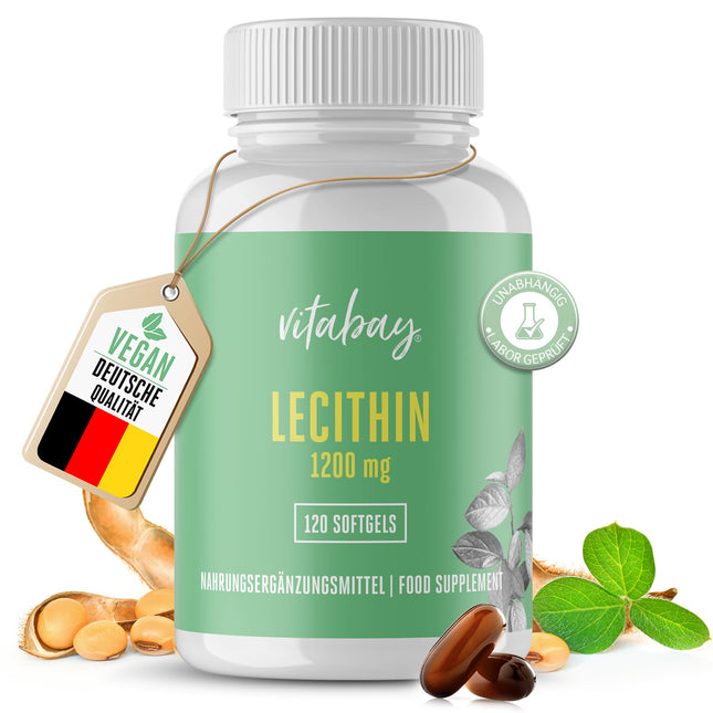 Vitabay Lecithin 1200 mg | 120 vegan soy lecithin softgels | Soy lecithin with phosphatidylcholine | Purely organic &amp; non-GMO | Breastfeeding vitamins with vitamin E | L. powder alternative