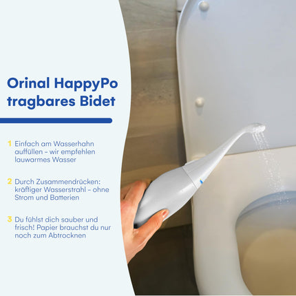 HappyPo Po Shower - Handheld Shower Portable Intimate Shower, Hygienic Cleaning for Travel and Home - Replaces Wet Wipes and Shower Toilet, Gentle and Effective, Compact - 28 x 5 x 6 cm, White