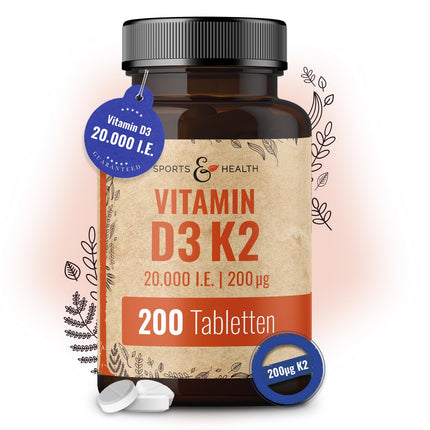 Vitamin D3 K2 Tablets - 200 Tablets - Vitamin D High Dose 20000 IU + 200µg Vitamin K2-Mk7 - D3 K2 Depot - Vegetarian - Vitamin D3 K2 High Dose