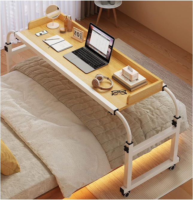 FDSGEEE Overbed Table on Wheels Height Adjustable/Width Adjustable, Overbed Table Mobile Desk Nursing Table Laptop Table Bedside Table for Daily Relaxation Work (Color: Wood)