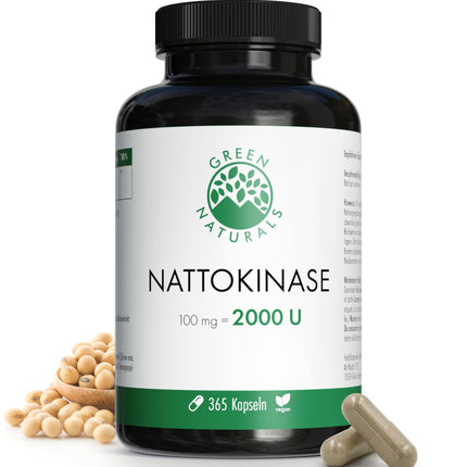 Nattokinase 20,000 FU/g - 100 mg per capsule - 1-year supply (365 capsules) - Fermented soybean extract - Pharmacy quality - Green Naturals®