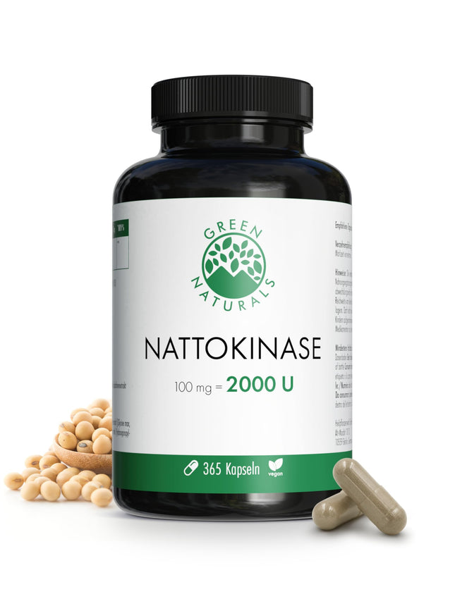 Nattokinase 20,000 FU/g - 100 mg per capsule - 1-year supply (365 capsules) - Fermented soybean extract - Pharmacy quality - Green Naturals®