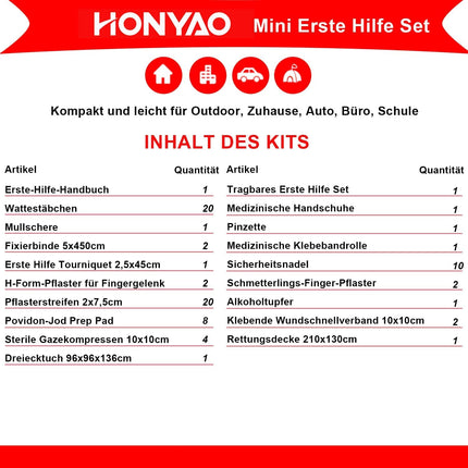 HONYAO® First Aid Kit, Mini Travel First Aid Kit 90 Pieces, Emergency Bag Emergency Kit Small for Outdoor Home Car Workplace Camping Motorcycle Bicycle Hiking Emergency