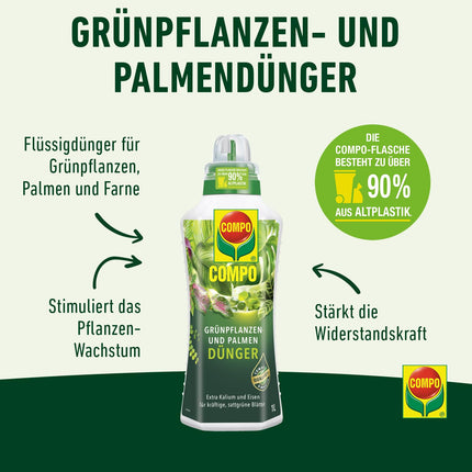 COMPO Green Plant Fertilizer and Palm Fertilizer – Special liquid fertilizer for all indoor, balcony, and patio plants – 1 liter