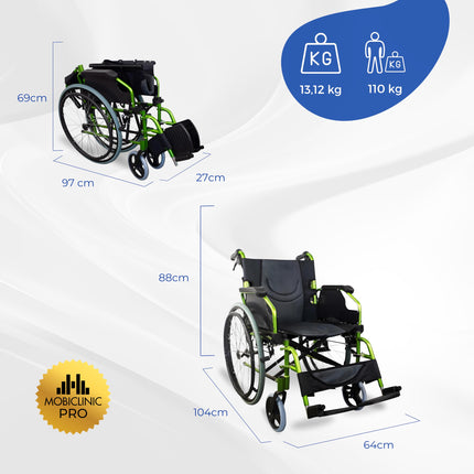 Mobiclinic®, Wheelchair, Bolonia, Aluminum, Foldable and lightweight, Folding split backrest, Removable footrest, Armrests, For adults, Green