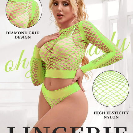 ohyeahlady Mesh Party Top Women's Long Sleeve Rave Outfit Blouse Clubwear Mesh Crop Top Leisure Top Mesh Top Neon Top Mesh Shirt Summer Tops Plus Sizes (Green, L-XXL)