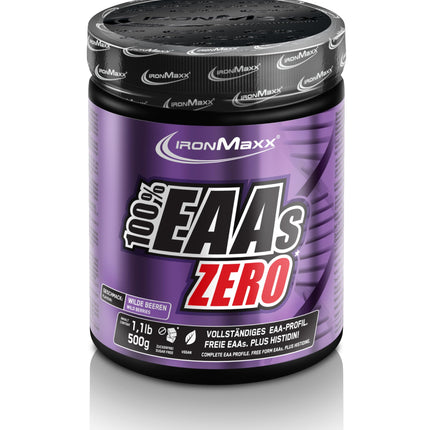 100% EAAs Zero Wildberry 500g - High-dose EAAs powder, vegan and sugar-free, 8 essential amino acids to supplement your sports nutrition
