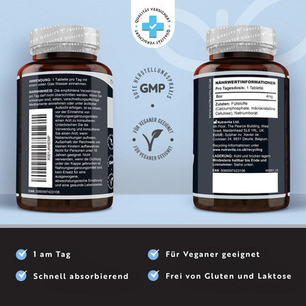 Boron - 4mg Pure Boron per tablet - 400 tablets - 13-month supply - Laboratory tested - No unwanted additives - High dosage - Vegan-friendly - Manufactured by Nutravita
