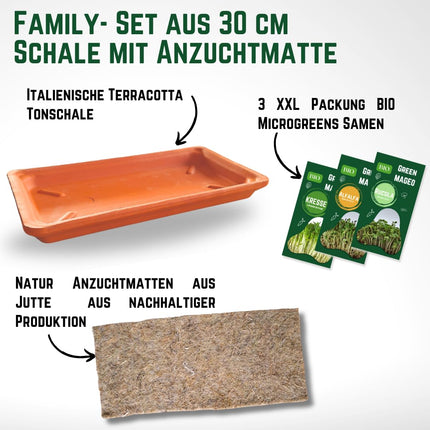 Green Mageo Family 31cm Cress Grow Kit - Growing Tray with Maxi Pack of Cress, Alfalfa and Arugula Seeds, Jute Grow Mats, Ideal as a Microgreens Grow Kit