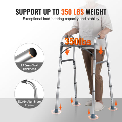 VEVOR Foldable Walker, 2-Button Folding Walker with 8-Level Height Adjustable and Sturdy Handles, Lightweight Aluminum Walking Aid for Elderly and Disabled People, up to 350 lbs