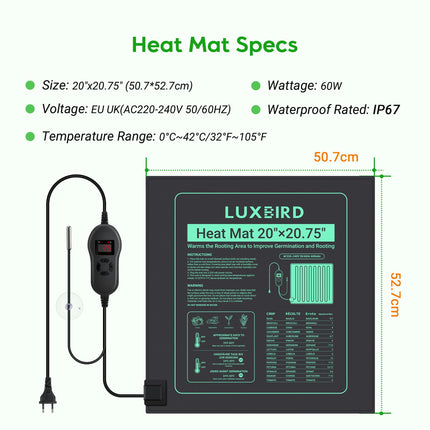 Luxbird Heating Mat with Thermostat, Indoor Greenhouse Heat Mat for Seedling Germination Greenhouse, 60 Watt, IP67 Waterproof, 50 x 52 cm