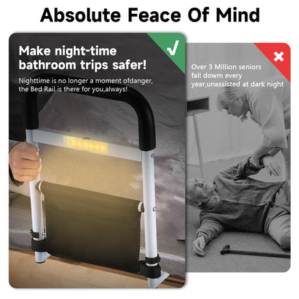Aolawco Adjustable Bed Riser with LED Sensor Light, Bed Entry Aid with Bag, Height Adjustable Grab Bar Grab Rails for Seniors, Elderly, Adults