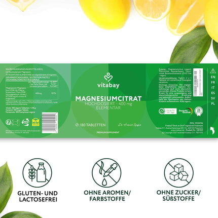 Vitabay Magnesium Citrate 2556mg High Dose - 180 Tablets Vegan &amp; Laboratory Tested - Magnesium Citrate - Contributes to normal energy metabolism and normal muscle function