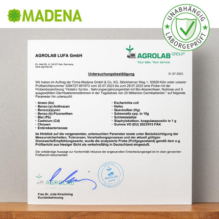 MADENA HistaEx Synbio – Lactic acid bacteria and bifidobacti for histamine intolerance and fructose intolerance – 60 capsules + 2 soluble fibers, daily dose of 20 billion bacteria