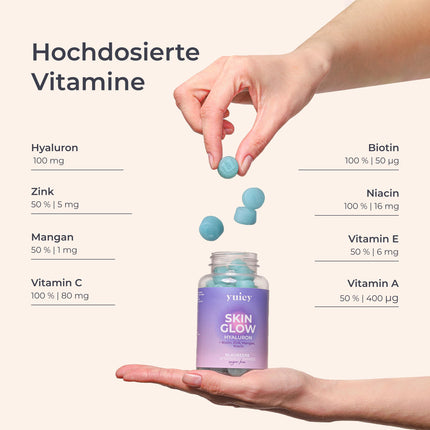 Yuicy Skin Glow - Hyaluronic Acid Gummies – sugar-free, high-dose skin vitamins for clear and beautiful skin. With biotin, zinc, and 6 other nutrients. Vegan and made in Germany. 60 Gummies.