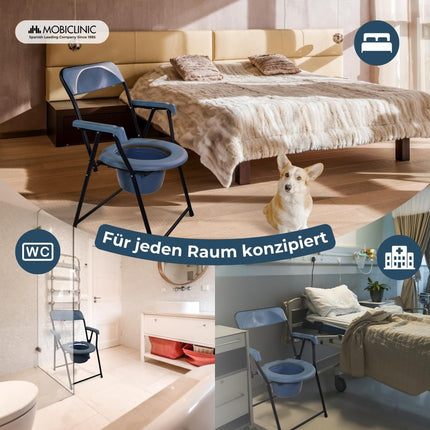 Mobiclinic®, Commode chair for seniors, European brand, Foldable toilet seat, Ergonomic with armrests, Bucket lid, Resistant, Up to 100 kg, Model timón