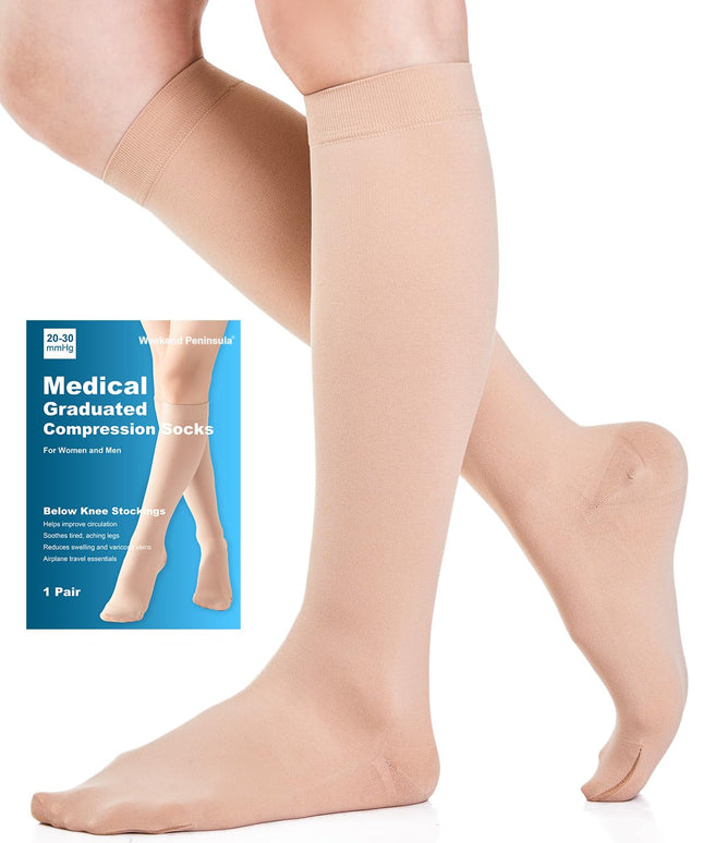 Medical compression stockings for women and men, 20-30 mmHg Class 2, sizes S-4XL, graduated support compression socks, support stockings for varicose veins, edema, and flight (beige, XXL)