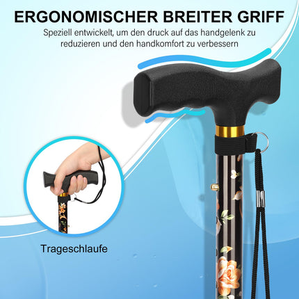 supregear Foldable Walking Stick - Folding Walking Stick, Height-Adjustable Walking Stick, Flexible Lightweight Travel Stick, Collapsible Walking Aid for Balance, for Men and Women, Black Flowers