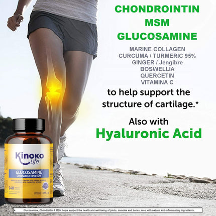 Kinoko life Glucosamine and Chondroitin – 240 capsules with MSM, marine collagen, hyaluronic acid, turmeric, black pepper, ginger, boswellia, and quercetin. For joints, cartilage, and bones.