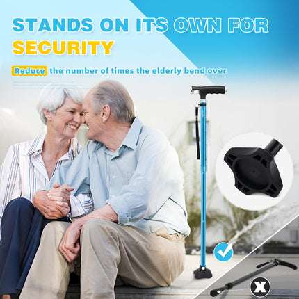 BeneCane Walking Stick with Two LED Lights for Men and Women, Height-Adjustable Walking Stick with Stable Base, Foldable Cane with T-Handle, Lightweight &amp; Stable