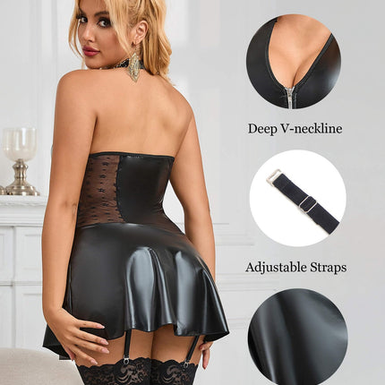 ohyeahlady Leather Dress Women Black Elegant Short Dress Plus Size Wetlook Sexy Lingerie Curvy A-Line PU Leather Party Dress V-Neck Mini Dress Clubwear Lingerie Curvy Women Black, XXL